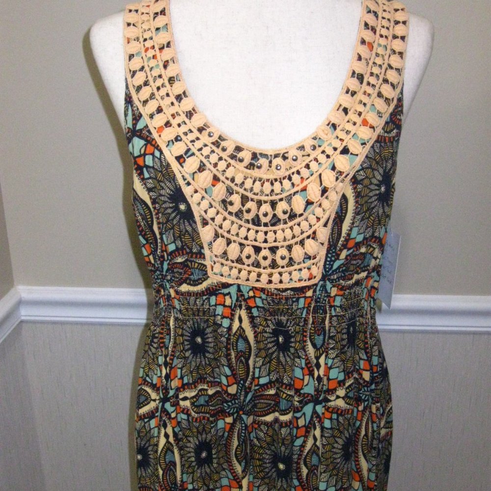 Boho Maxi Sundress Crochet Lace Detail sz S Smocked Waist